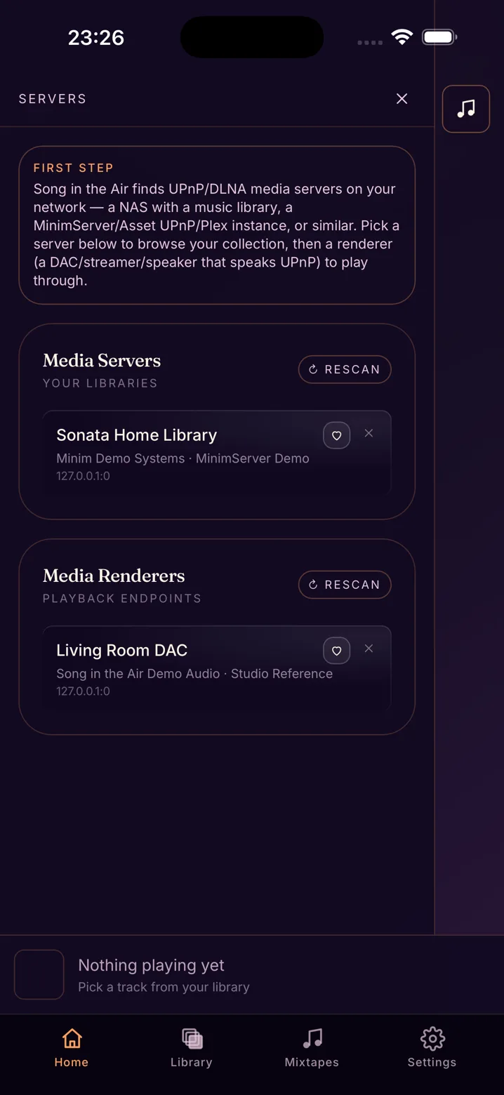 The server list, showing a NAS and a network player found on the local network.