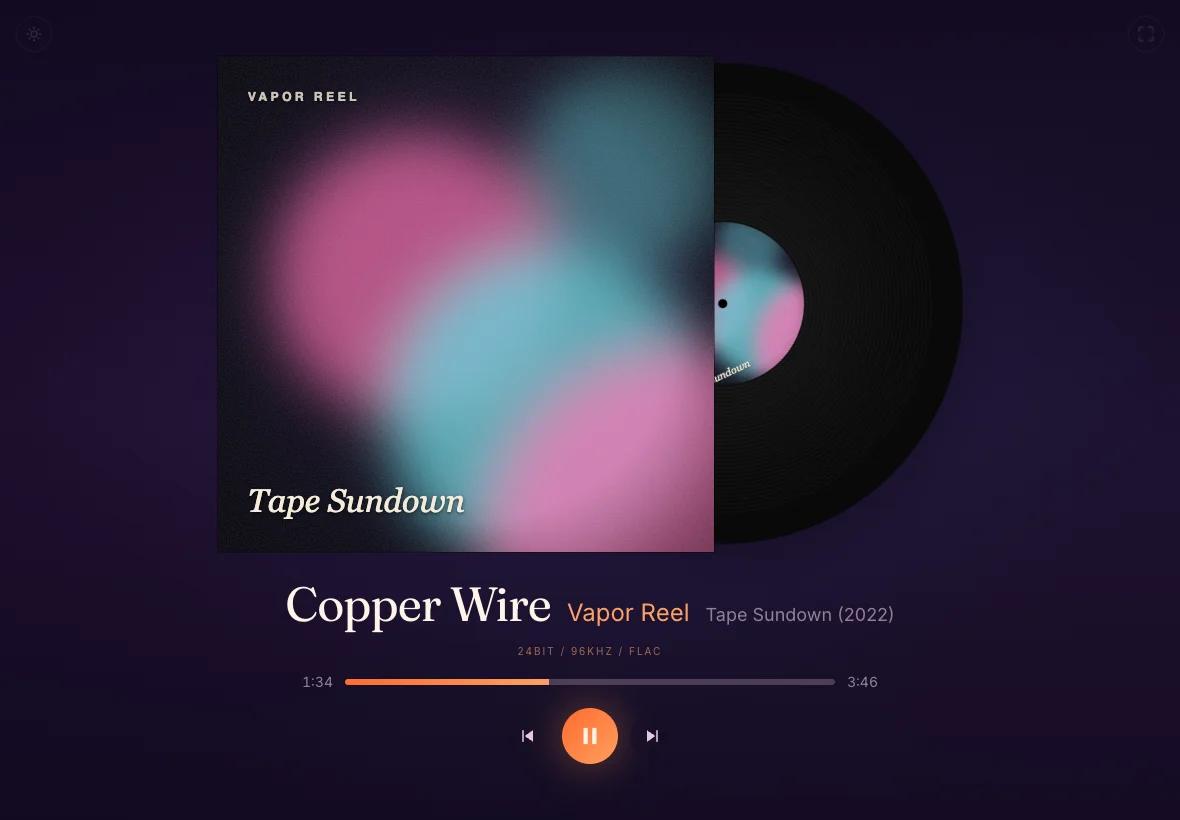 The second screen on a tablet: cover with vinyl record, title and artist, 24-bit / 96 kHz / FLAC, progress and playback buttons.
