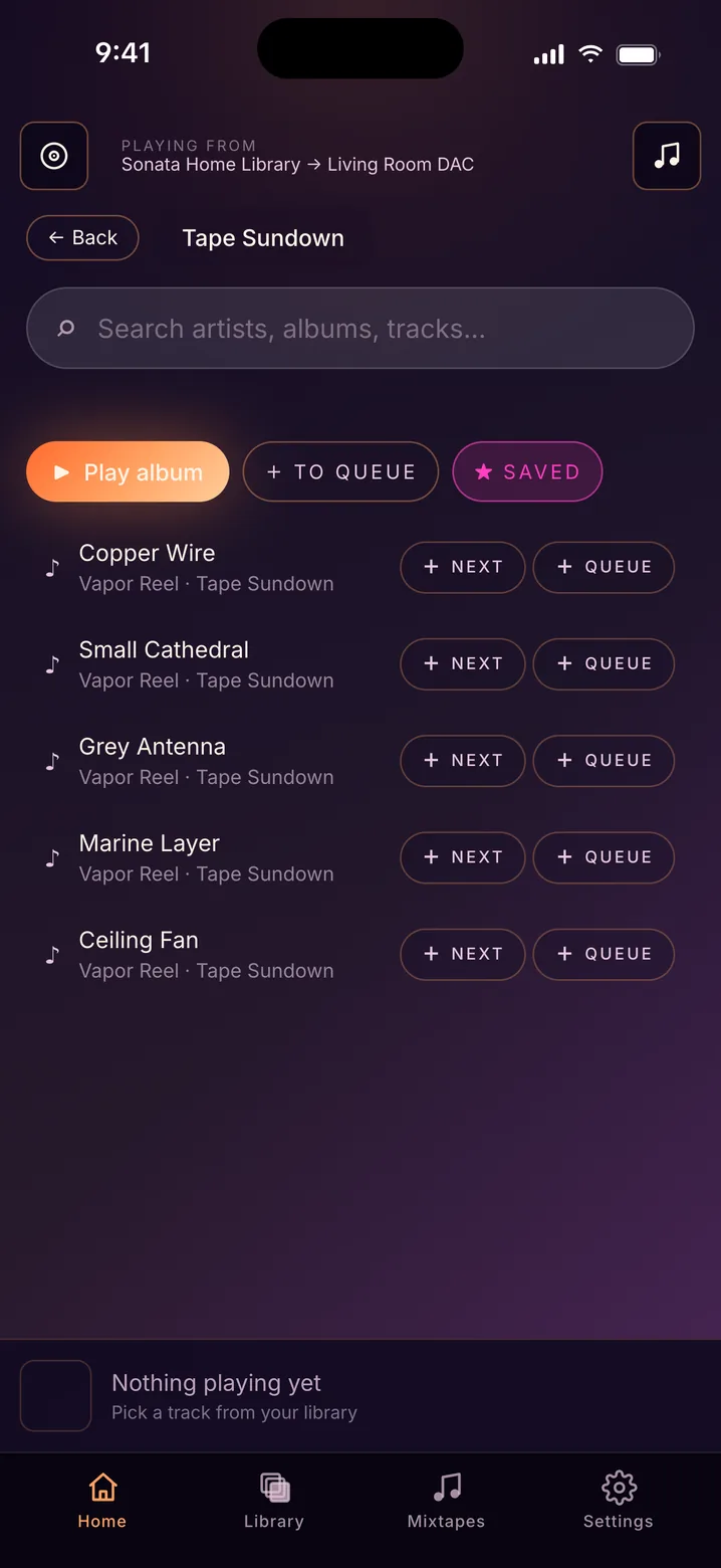 An album with play, add to queue and a full track list with next and queue buttons per track.