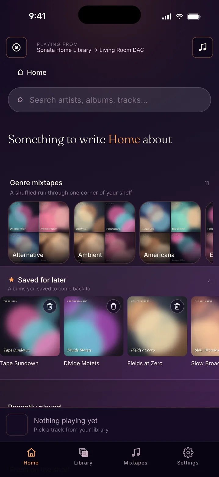 The home screen with genre mixtapes, saved for later and recently played.