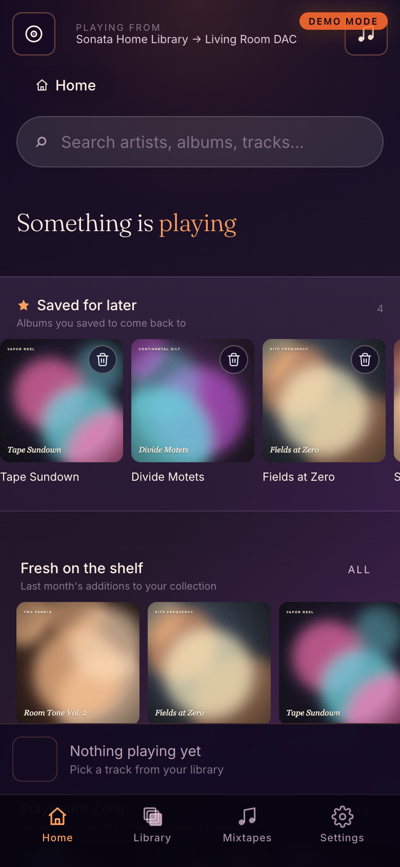 Home — populated library with recent and saved rows