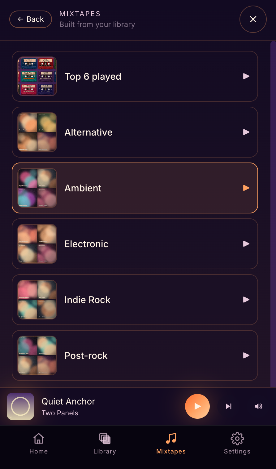 Mixtapes — one tape per genre in your library