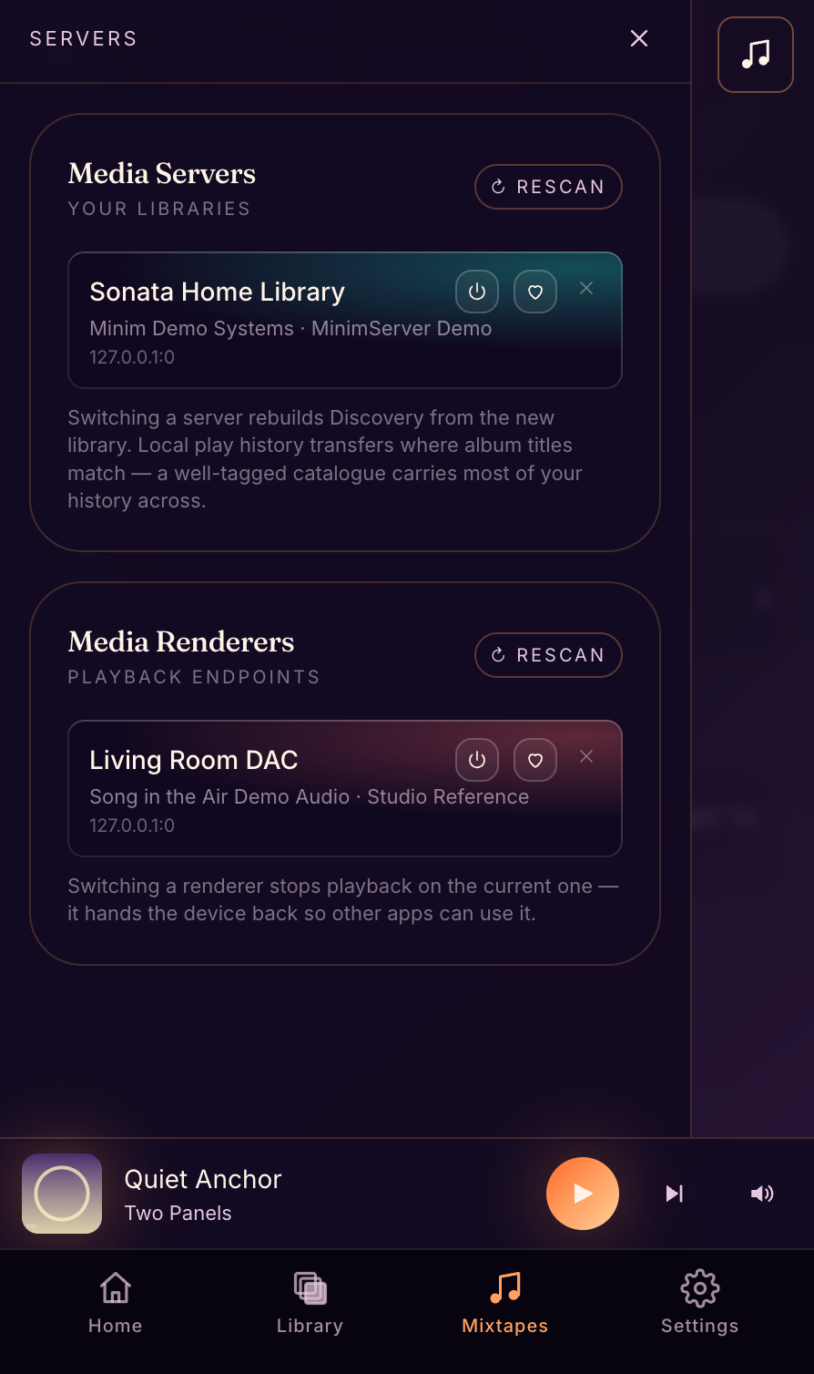Servers — your UPnP media servers and renderers